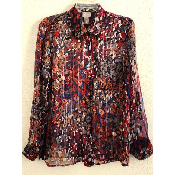 TOP/BLOUSE-CHICO'S-Multi Color-Silver Glimmer Pinstrip-Shirt Style-Chico's 1/SM - Picture 4 of 16